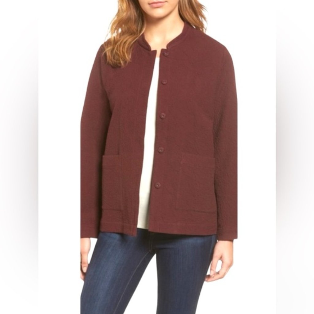 Eileen Fisher Cotton Mandarin Textured L Preppy Pocket Jacket Oversized Minimal